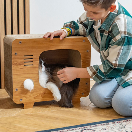 Petsona Cat Scratcher In A Shape of A TV-Box Cat Scratching Post Interactive Cat Scratching-Dome for Self-Entertainment Cat Furniture for Large And Small Cats Durable And Stable natural