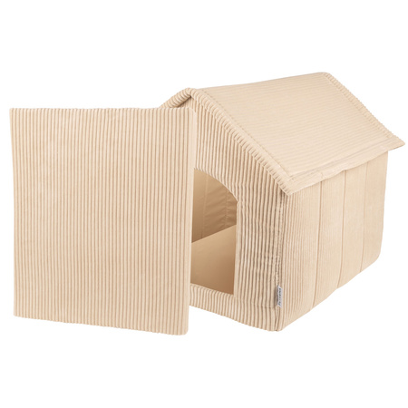 Petsona Dog House with Mattress Ribbed Texture Zipped Roof Comfort for Your Pet, Beige