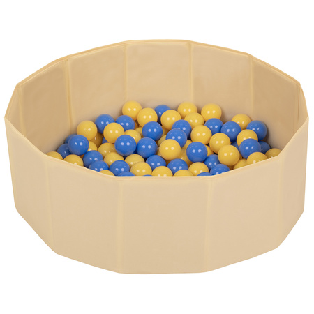 Petsona Foldable Dogs Pool with Balls, Dry Pets Foam Ball Pit, Soft Paddling Pool, light beige: blue/yellow, 100 balls
